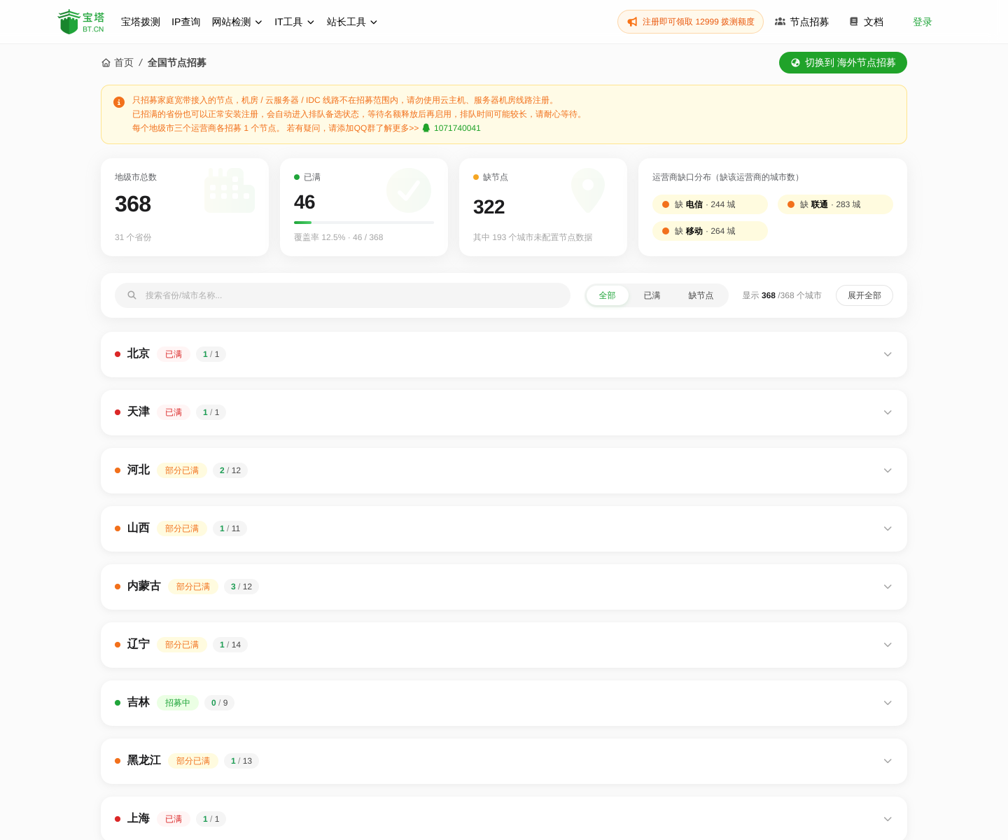 宝塔拨测节点覆盖页,按省份、城市、运营商列出可用探测节点
