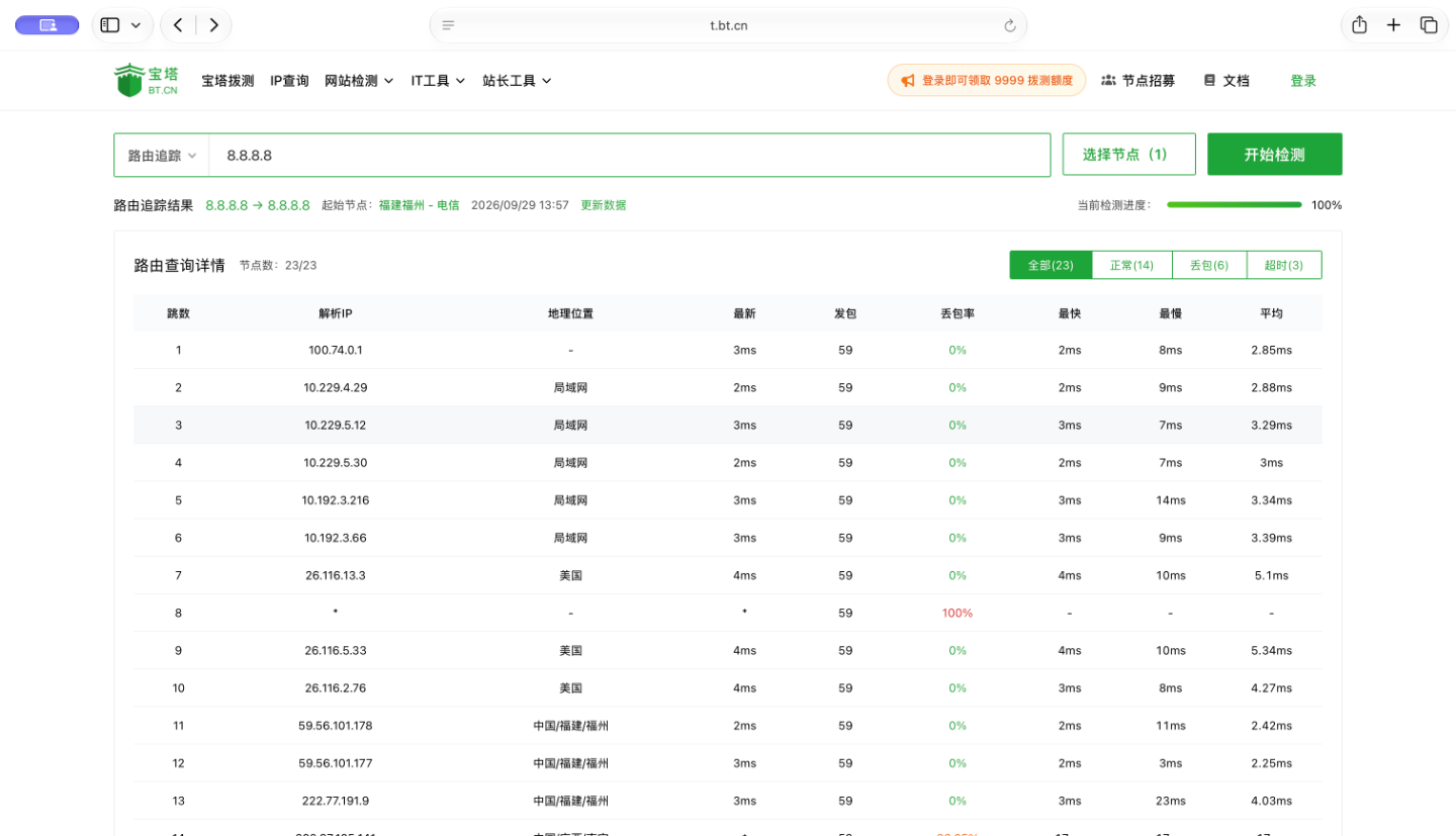 路由追踪结果上半部分，展示目标 IP、起始节点、完成进度、结果筛选和前 13 跳